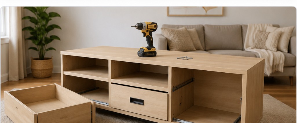 Furniture assembly with cabinet, drawers and shelving