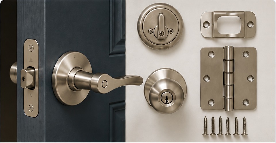 Door handle, deadbolt, knob, hinge, strike plate and repair hardware