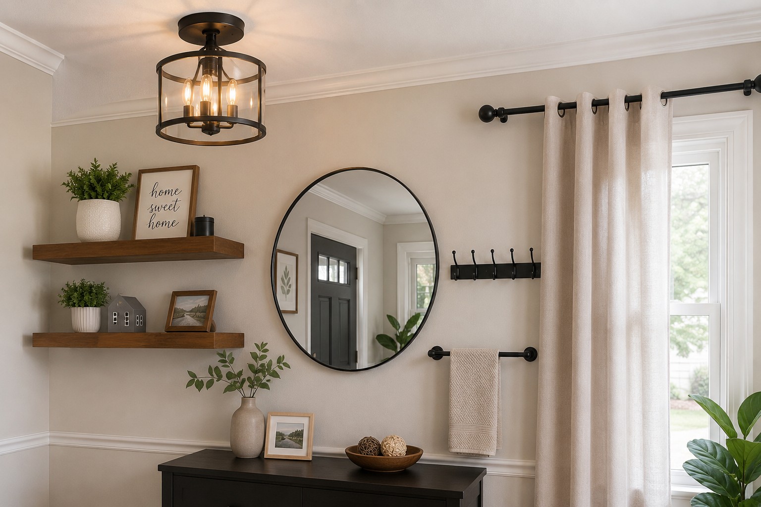 Installed light fixture, floating shelves, curtain rod, mirror and wall hardware