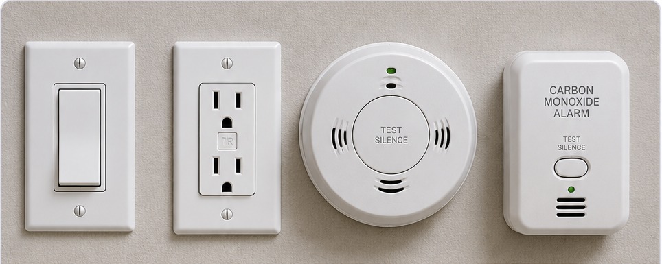 Light switch, electrical outlet, smoke detector and carbon monoxide detector