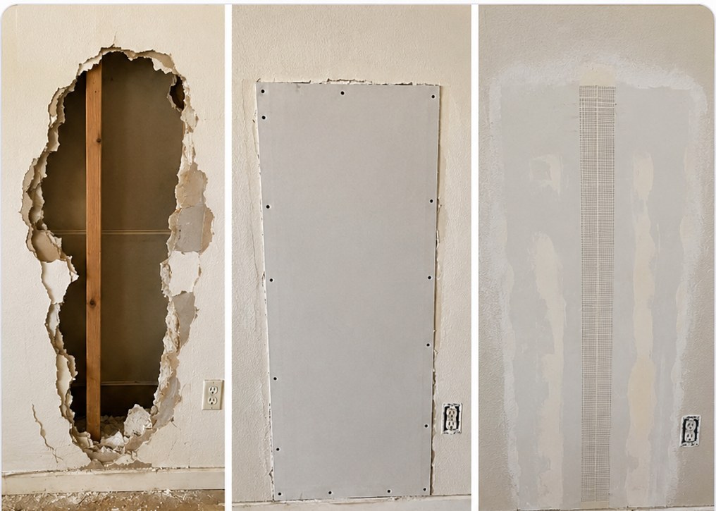 Drywall repair process: damaged wall, patch installation, mesh tape and joint compound